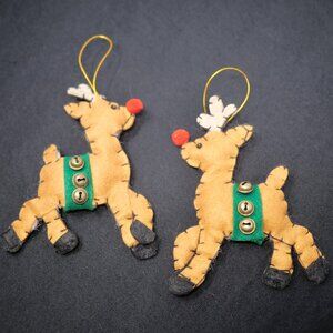 Vintage 2 Handmade Felt REINDEER Bells Christmas Holiday Tree Ornaments